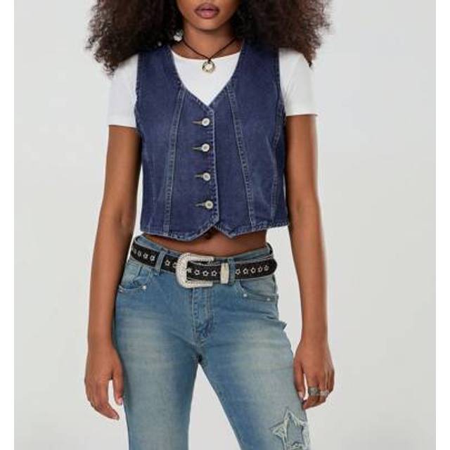 SHEIN Women&#39;s Button-Up Denim Vests V-Neck Sleeveless Jean Waistcoat Crop Jacket