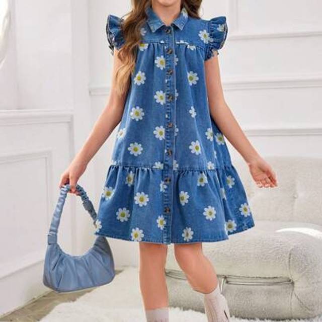 SHEIN Tween Girls Y2K Distressed Loose Cute Puff Sleeve Ruffle Hem A-Line Denim Dress, Suitable For Everyday Wear