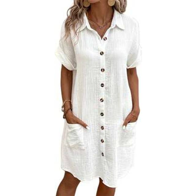 SHEIN Women&#39;s Summer Mini Dress Short Sleeve Lapel Collar Button Down Pocket Dress Fashion Shirt Dress