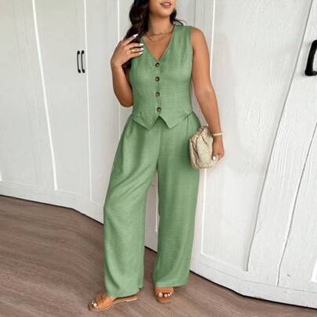 SHEIN 2pcs Plus Size Solid Color Sleeveless V-Neck Tank Top And Long Pants Set,Business Casual WomanSummer Outfits For Women