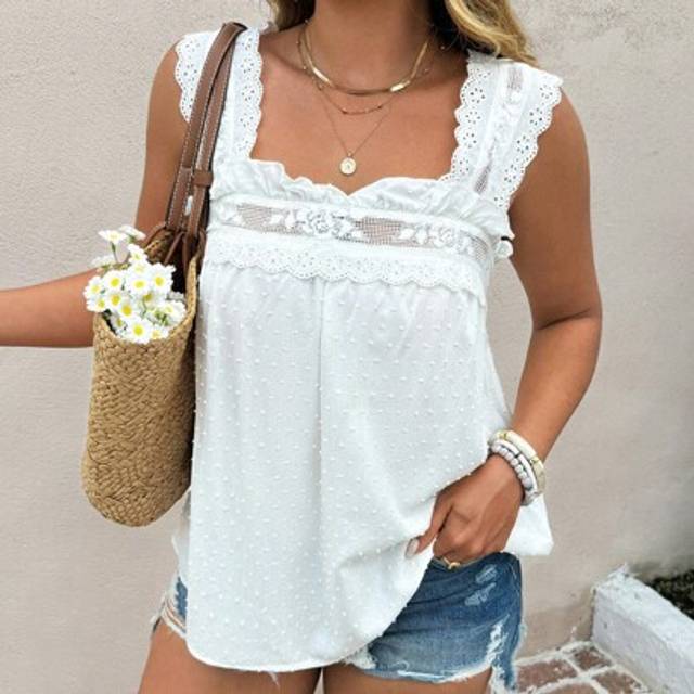 Franclia Plus Size Women Wide Strap Square Neck Embroidered & Laser Cut Casual Summer Vest Woman S Summer Clothes Women Summer Sets Women S Summer Shirts Women