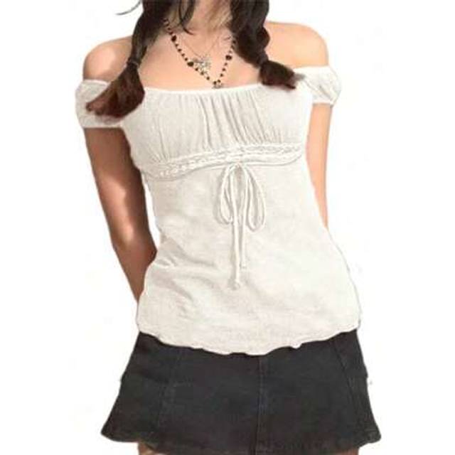 SHEIN Women Y2k Fairy Grunge Shirts Short Sleeve See Through Lace Trim Square Neck T-Shirt Vintage Aesthetic Goth Crop Tees Tops