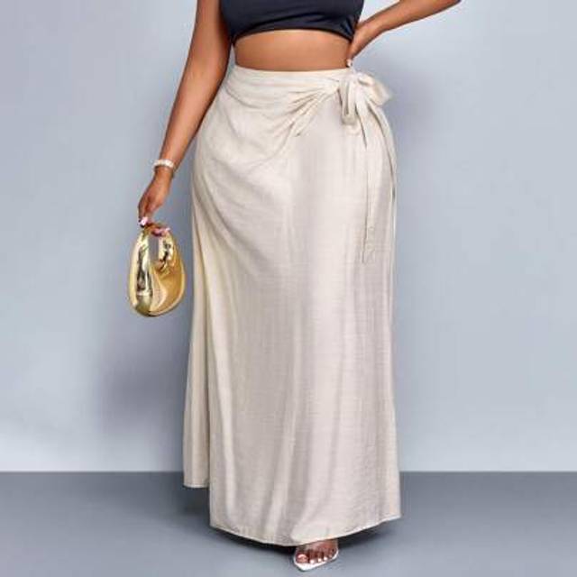 Maweii Plus Size Women&#39;s Spring And Summer Fashion Solid Color Lace-Up A-Line Loose Casual Vacation Long Skirt, Seaside Vacation Beach Vacation Skirt, Versat