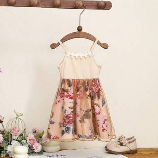SHEIN Baby Girls&#39; Lace Mesh Vintage Floral Print Strap Dress