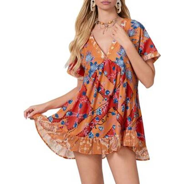 SHEIN Women&#39;s Summer Babydoll Dress Bohemian Floral Print Short Sleeve V-Neck Flowy Dress With Pockets