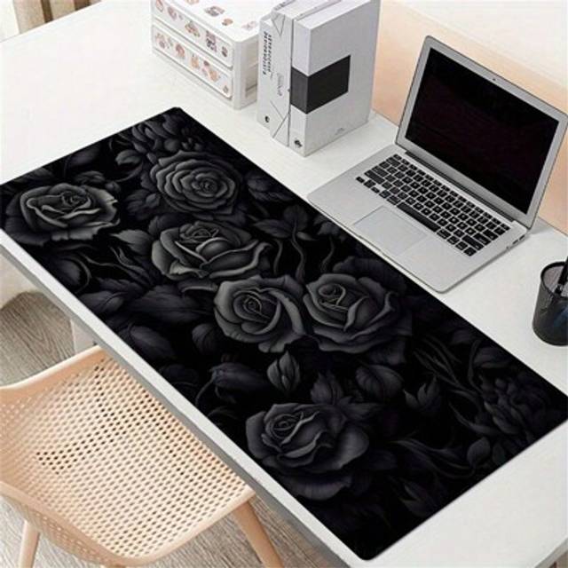 SHEIN Black Rose Flower Mouse Pad Art Design Large Desk Mat With Nature Non-Slip Rubber Base Stitched Edges Desk Pad Keyboard Pad 35.4X15.7in, For Work Game