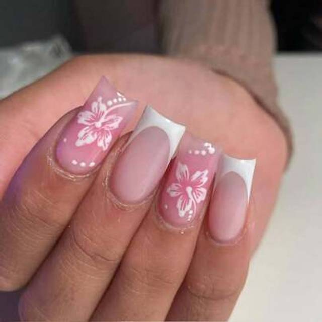 SHEIN 24Pcs Long Square Flower Nail Designs French Tip Press On Nails Medium Acrylic Fake Nail Set,Contain 1pc Jelly Glue And 1pc Nail File,Flower Nails & F