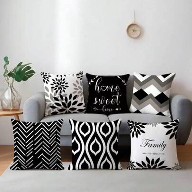 SHEIN 6pcs Simple Daily Black And White Geometric &#34;Home Sweet&#34; Cushion Cover, Single-Sided Printed Soft Peach Velvet Fabric, 45*45cm/50*50cm Pillow Case For