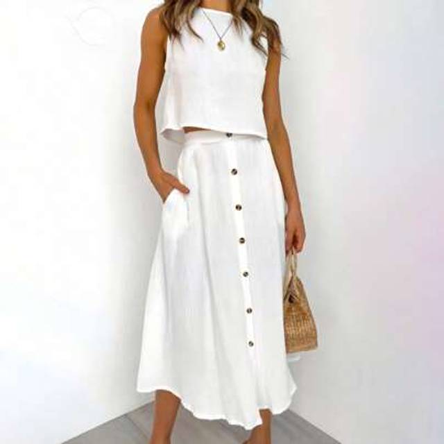 SHEIN Women&#39;s Solid Color Sleeveless Top + Casual Loose Front Button Decoration Skirt 2 Pieces Set, Summer Outfit
