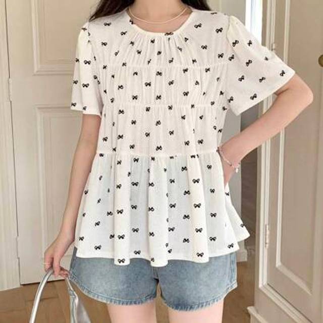 SHEIN Teen Girls Cute Smocked Collared Blouse With Butterfly Print, Relaxed Fit, Ideal For Casual, Streetwear, Kawaii Outfit