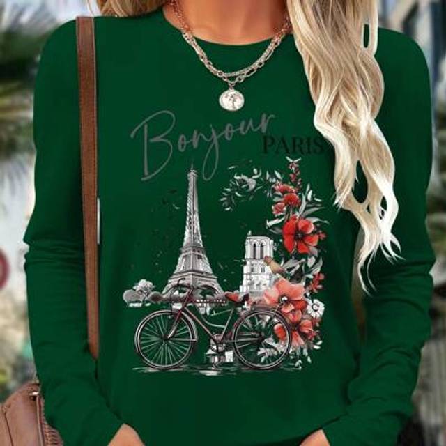 SHEIN Romantic Paris Print Casual Comfortable Women Long Sleeve T-Shirt, Versatile For Indoor And Outdoor, Spring/Summer