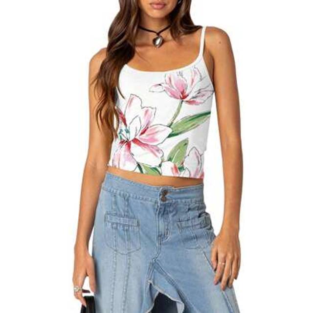 SHEIN Women Crop Camisoles Floral Print Spaghetti Strap Sleeveless Backless Tank Tops Summer Vests Tops Streetwear