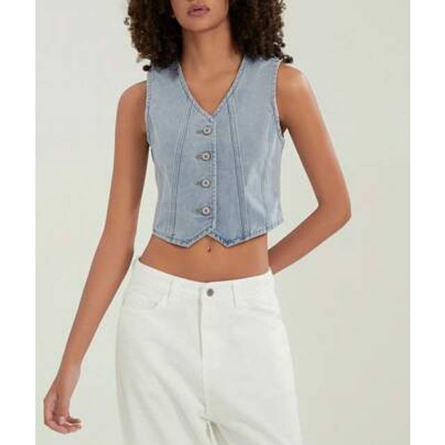 SHEIN Women&#39;s Button-Up Denim Vests V-Neck Sleeveless Jean Waistcoat Crop Jacket