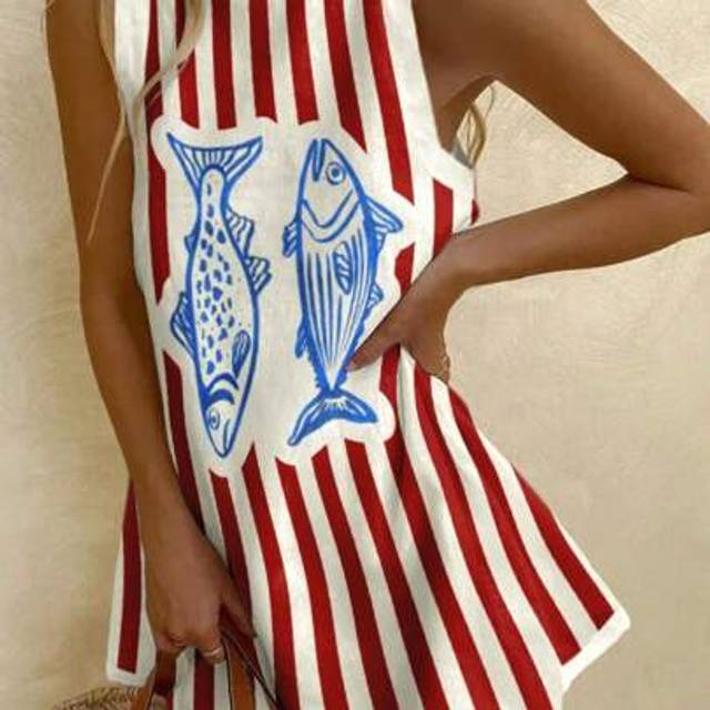 SHEIN Bohemian Vacation Summer Beach Casual Vacation Comfortable Women&#39;s Vintage Clashing Striped Fish Pattern Sleeveless Dresses Brunch Outfits For Women