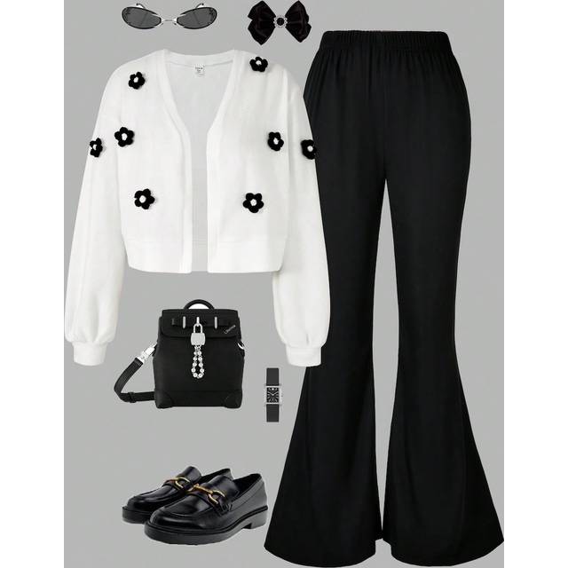 SHEIN 2pcs Teen Girls Vintage Floral Knit Cardigan & Flared Pants Set, For Spring/Fall/Winter