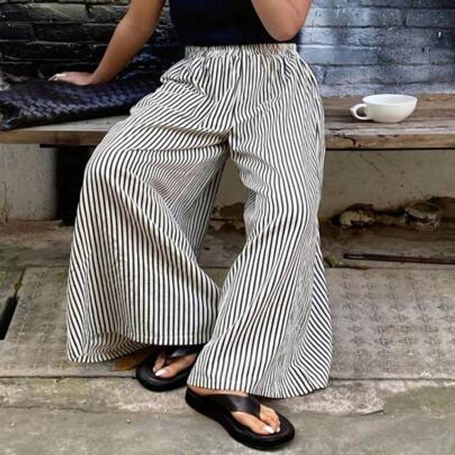 SHEIN Casual Elastic Waist Loose Striped Wide Leg Pants, Versatile Style