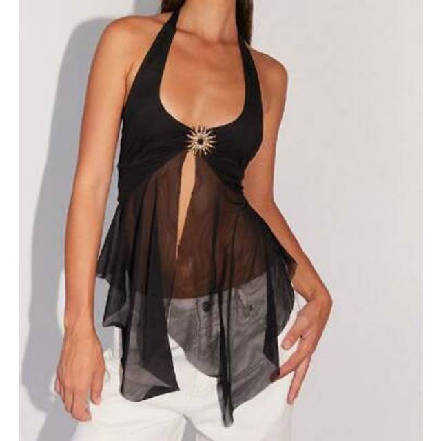 SHEIN Women&#39;s Ruffle Camisole Tank Top Spaghetti Strap Sheer Mesh Tie Peplum Top Y2K See Through Backless Cami Top