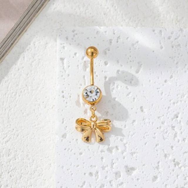 SHEIN 1pc Elegant 18K Gold Plated Bowknot Navel Piercing Ring, Copper & Stainless Steel Jewelry Suitable For Women&#39;s Party & Nightclub Wear