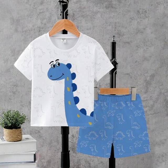 SHEIN 1 Set Baby Boy Cute Dinosaur & Line Art Print Short Sleeve T-Shirt And Shorts Set, Lightweight Everyday Outfit Suitable For Spring/Summer Cool Baby Bo