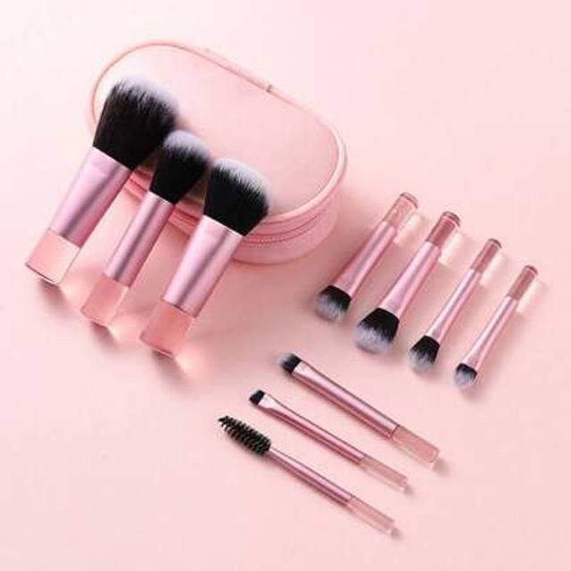 SHEIN 10pcs Mini Pink Makeup Brush Set + 1pc Mini Zipper Pouch + 3pcs Beauty Sponge, Powder Brush, Contour Brush, Blush Brush, Eyeshadow Brush, Highlighter