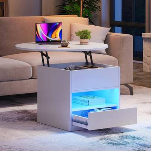 SHEIN Round Lift Top Coffee Table With Hidden Storage Compartment, High Glossy Coffee Tables With RGB LED String For Living Room, Modern White Coffee Table