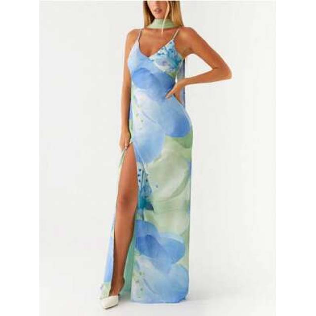 SHEIN Women Y2K Floral Bodycon Maxi Dress With Scarf Sleeveless Spaghetti Strap Low Cut Slit Long Dress Boho Beachwear
