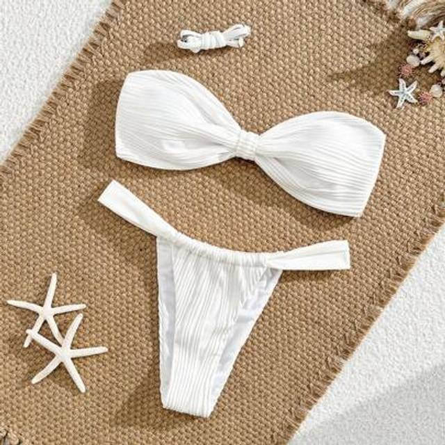 SHEIN 2pcs Textured Solid Color Bandeau Triangle Bikini Swimsuit Set For Women, Suitable For Beach