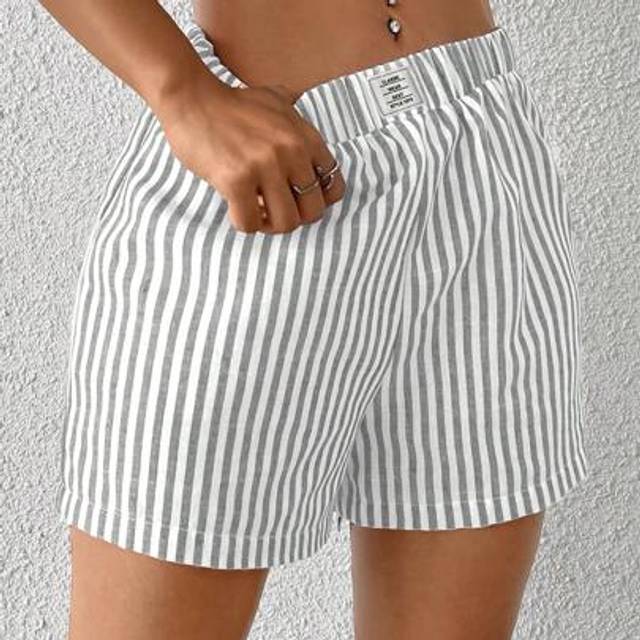 SHEIN Women&#39;s Grey & White Striped Casual Shorts, Summer