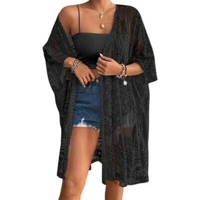 SHEIN Women&#39;s Lace Bikini Cover-Up 3/4 Sleeves Open Front Sheer Mesh Crochet Kimono Cardigan
