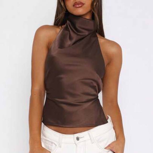 SHEIN Women Acute Halter Neck Satin Sleeveless Backless Solid Color Slim Fit Summer Tank Crop Tops Teen Girls Going Out Tops Aesthetic Clothes Club Streetwe