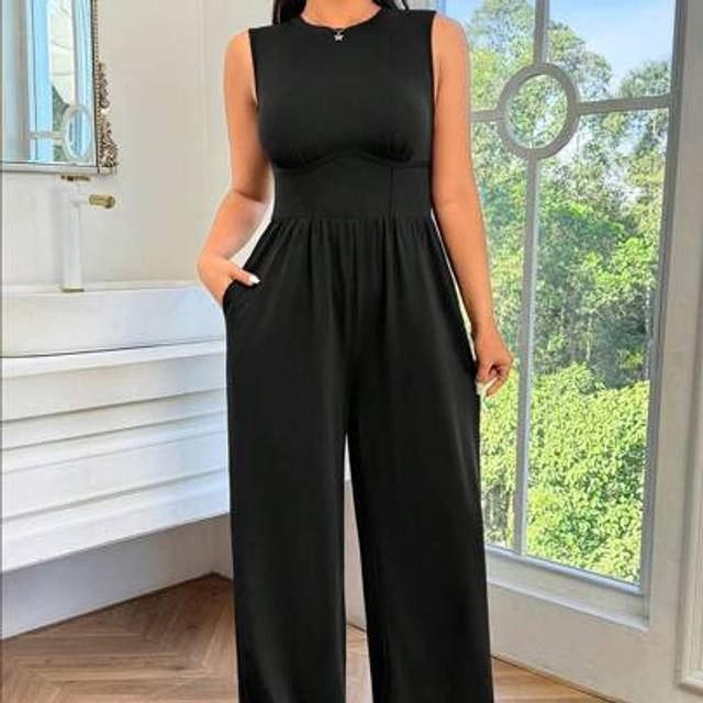 SHEIN Sleeveless Plus Size Women&#39;s Elegant,Work,Wide Leg Business Casual Woman Jumpsuit With Pockets,Spring Summer Clothes