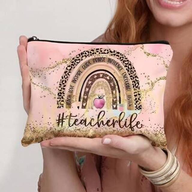 SHEIN 1pc Teacher Gifts, To Best Teacher Ever Letter Print Makeup Bag, Gift Bag Zipper Bag For Travel, Lightweight Storage Bag
