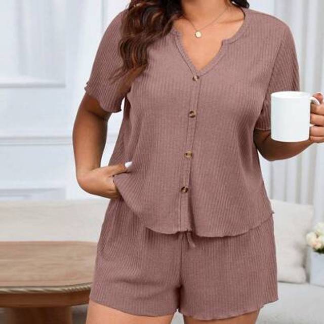 SHEIN Plus Size Notched V-Neck Waffle Knit Fabric Button-Up Pajama And Pajama Pants Set