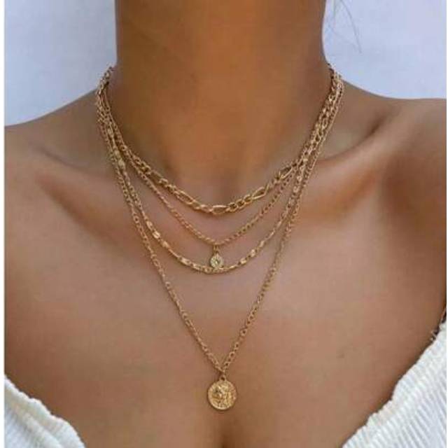 SHEIN 1pc Spring Summer Punk Street Style Portrait Coin Pendant Necklace For Women Exaggerated Metal Chunky Chain Multi-Layered Necklace Suitable For Daily