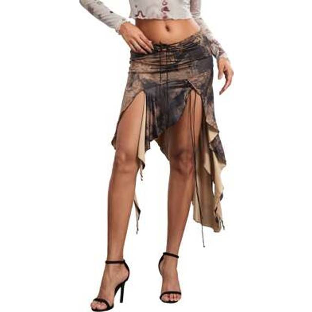 SHEIN Women&#39;s Midi Skirt Low Waist High Split Vintage Pattern Print Front Tie Up Irregular Ruffle Hem Skirt For Party Club Night
