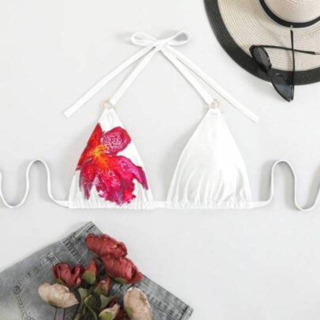 SHEIN Plus Size Women Metal Hardware Multicolor Placement Print Simple Daily Summer Bikini Swimwear Top, Vacation Beach