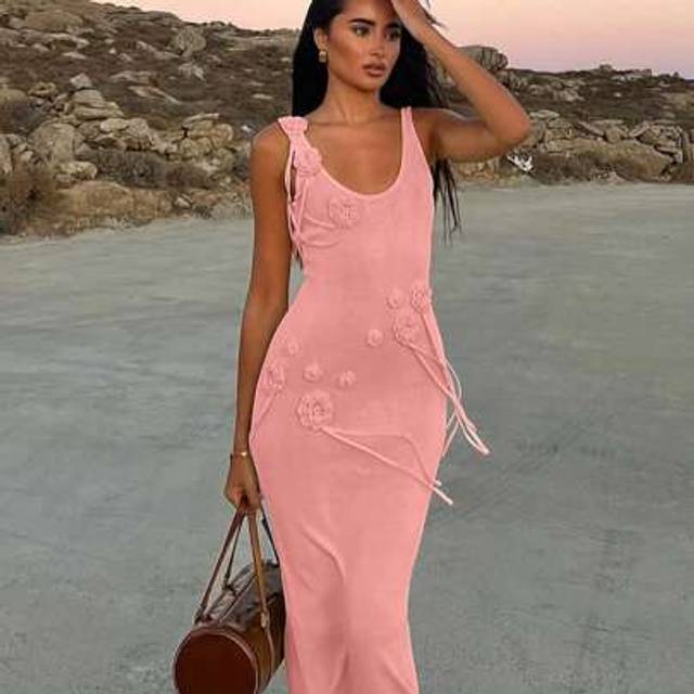 SHEIN Summer Dresses For Women Sexy Beach Holiday Dress Women&#39;s Vacation Style V-Neck Halter Sexy Sheer Knitted Sweater Dress Three-Dimensional Flower Backl