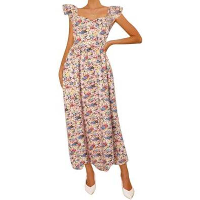SHEIN Women&#39;s Summer Floral Print Dress Off Shoulder Short Sleeve Long Flowy Dress For Beach