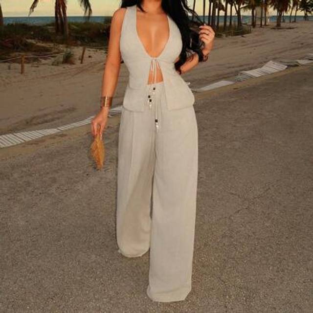 SHEIN 2pcs Set BOHO Simple Solid Color Linen Halter Tie Up Front Beaded Suit, Including Vest & Wide Leg Pants, Suitable For Workplace, Party, Daily Outing,