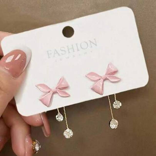 SHEIN 1 Pair Pink Bow Tassel Earrings With Rhinestones, Suitable For Girl/Girls, Sweet Style Earrings For Summer, Valentine&#39;s Day, Mother&#39;s Day Gifts (No Ca