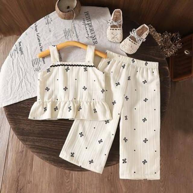 Souflis Baby Girl Summer Spaghetti Strap Ruffled Bow Polka Dot Print Top And Pants Set