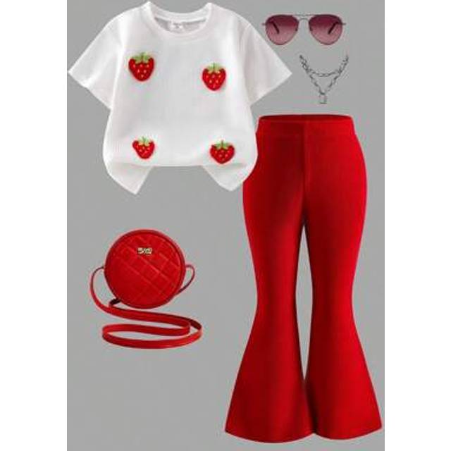 SHEIN Young Girl Sweet Cute Waffle Texture Strawberry Knit Sweater Top And Pink Flare Pants Set, Suitable For Spring/Autumn Outings