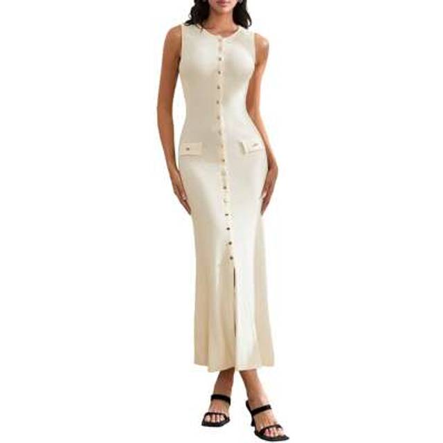 SHEIN Women&#39;s Ribbed Knit Tank Dress Slim Sleeveless Button Down Split Long Dress For Party Club