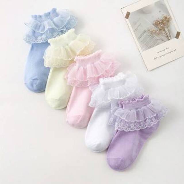 SHEIN 5 Pairs Sweet Princess Style Baby Girls Lace Ruffle Socks, Breathable Soft Comfortable Fashionable Versatile Lace Trim Socks, Suitable For Daily Life,