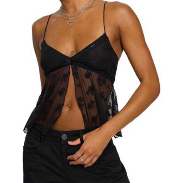 SHEIN Women&#39;s Summer Cami Tops Sleeveless V Neck Floral Embroidery Mesh Camisole Lace Trim Tank Tops