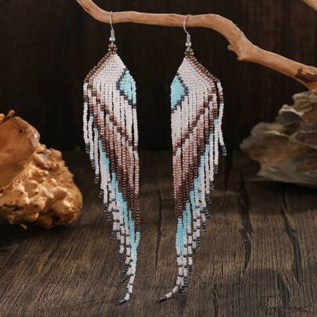 SHEIN 1pair Vintage Bohemian Style Multicolor Glass Beads Hand-Woven Fringe Beaded Earrings For Women, Perfect For Daily Wear And Gift Giving