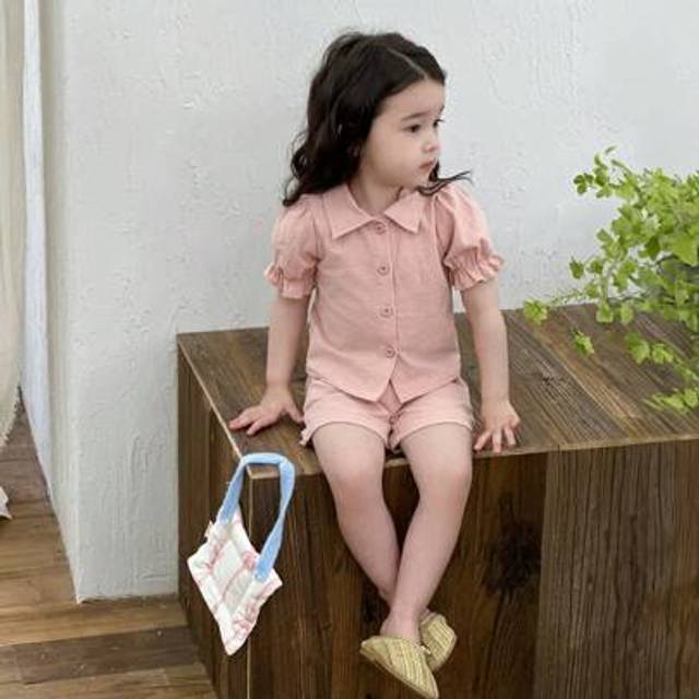 SHEIN 2pcs Baby Girls Summer Set, Solid Pink Fashionable Lapel Cardigan Short Sleeve Top Paired With Matching Shorts, Minimalist Style No Print, Loose Fit,
