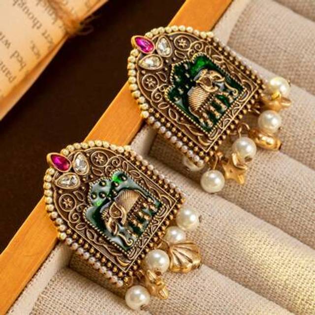 SHEIN Vintage Handcraft Distressed Elephant & Crystal Rhinestone, Faux Pearl Earrings