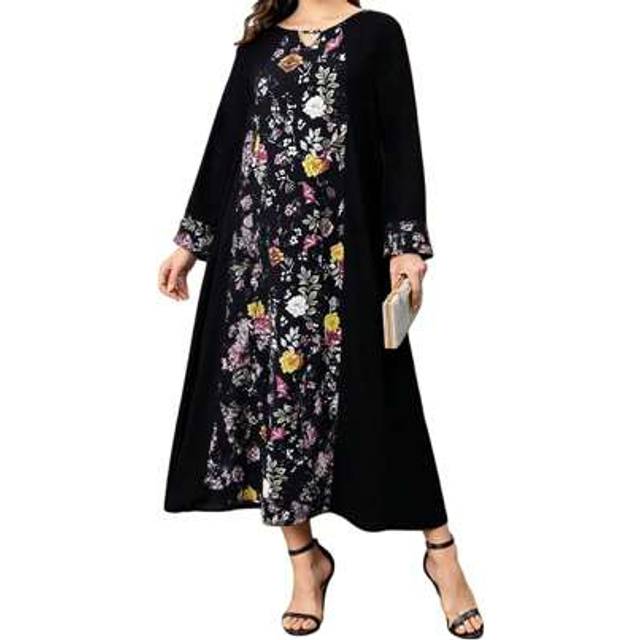 SHEIN Womens Caftan Abaya Robe Floral Print Patchwork Long Sleeve Round Neck Loose Flowy Kaftan Dress