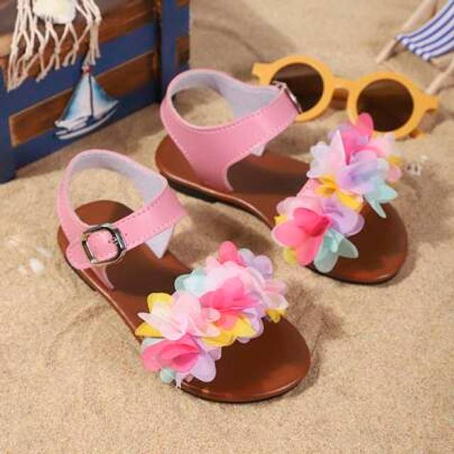 SHEIN Girls&#39; Outdoor Sandals Summer New Round Toe Woven Flower Elastic Design Anti Slip And Durable Fashionable And Elegant Children&#39;s Flat Beach Sandals